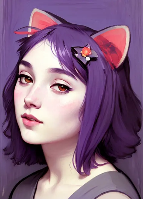 poster portrait of realistic masunya, (purple skin color:1.1), cat ears, solo, by Jeremy Lipking, by William Bouguereau, (by Alp...