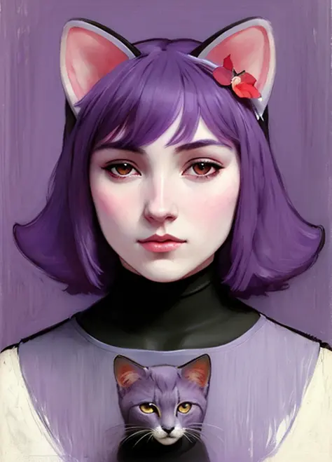 poster portrait of realistic masunya, (purple skin color:1.1), cat ears, solo, by Jeremy Lipking, by William Bouguereau, (by Alphonse Mucha:0.5), by d-art , sfw 