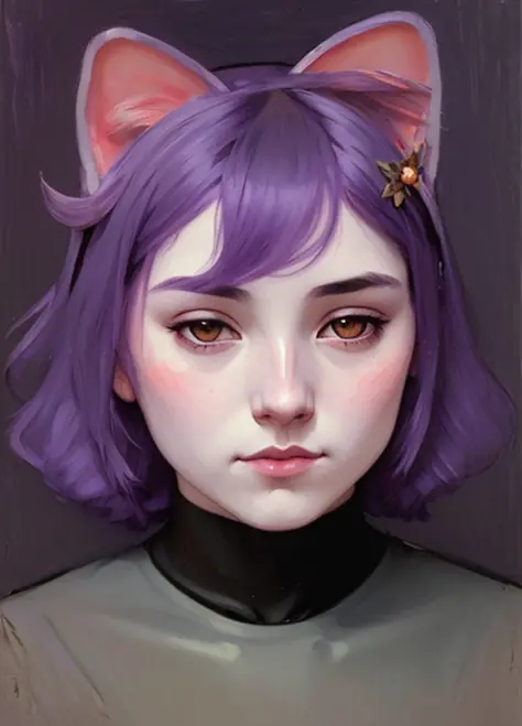 poster portrait of realistic masunya, (purple skin color:1.1), cat ears, sad, solo, by Jeremy Lipking, by William Bouguereau, (by Alphonse Mucha:0.5), by d-art  sfw <lora:masunyaMasyunya_v0000228_2:0.7>