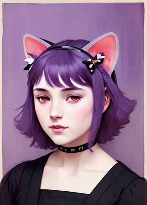 poster portrait of realistic masunya, (purple skin color:1.1), cat ears, solo, by Jeremy Lipking, by William Bouguereau, (by Alp...