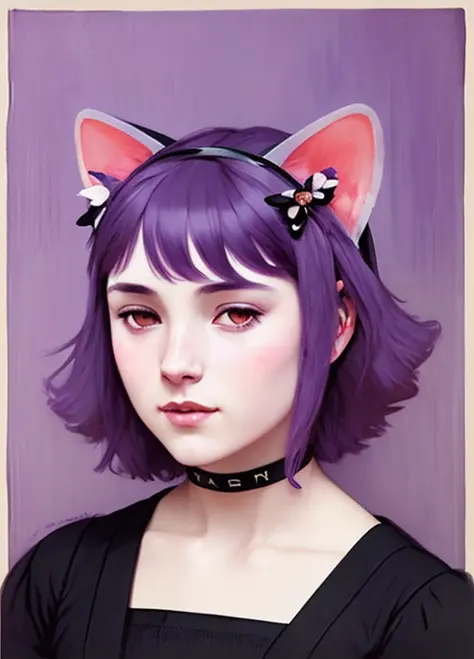 cartel retrato de masunya realista, (color de piel morado:1.1), orejas de gato, solo, por Jeremy Lipking, por William Bouguereau, (by Alphonse Mucha:0.5), por d-art , SFW 