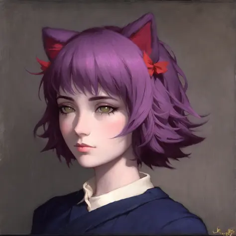 realistic (Mugshot:1.1) of a  beautiful, masterpiece, best quality, masunya, cat ears,  (purple skin color:1.1), (Prison uniform:1.2), (hairstyle:1.2), (expressionless:1.2), by Jeremy Lipking, by William Bouguereau, (by Alphonse Mucha:0.5), sabudenego, masterpiece