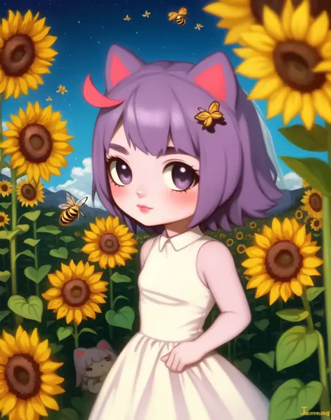 (chibi:1.1), Hermoso, obra maestra, mejor calidad, ingresar, orejas de gato,  (color de piel morado:1.1), (vestido de novia blanco:1.1), Al aire libre, abejas múltiples, agua,elon,  Campo de girasol de verano, ojo de pez,por Jeremy Lipking, por William Bouguereau, (by Alphonse Mucha:0.5),