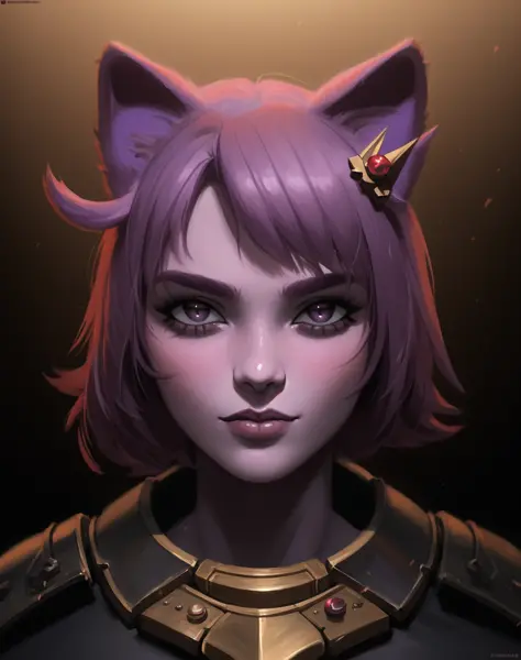 Hermoso, obra maestra, mejor calidad, ingresar, orejas de gato,  (color de piel morado:1.1), tener puesto(Armadura de Warhammer,  muy detallado, pintura digital, estación de arte, enfoque suave, iluminación siniestra, ilustración, Arte de Greg Rutkowski y Stephan Koldi y Marc Simonetti, 4k
 