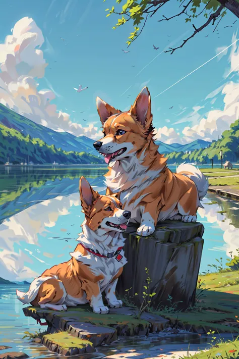 two dogs sitting on a stump by a lake with a tree