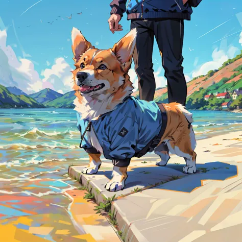 anime style painting of a man walking a dog on a beach