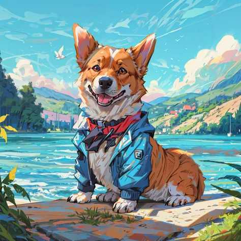 a close up of a dog wearing a jacket sitting on a rock