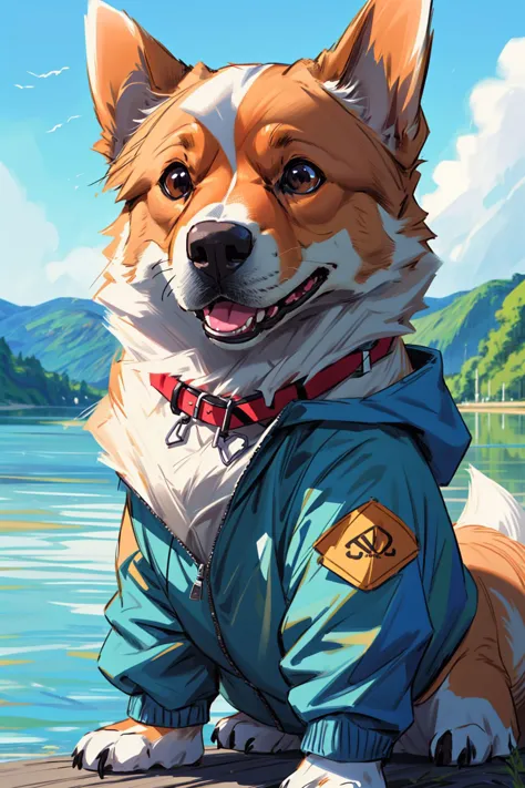 a close up of a dog wearing a jacket sitting on a dock