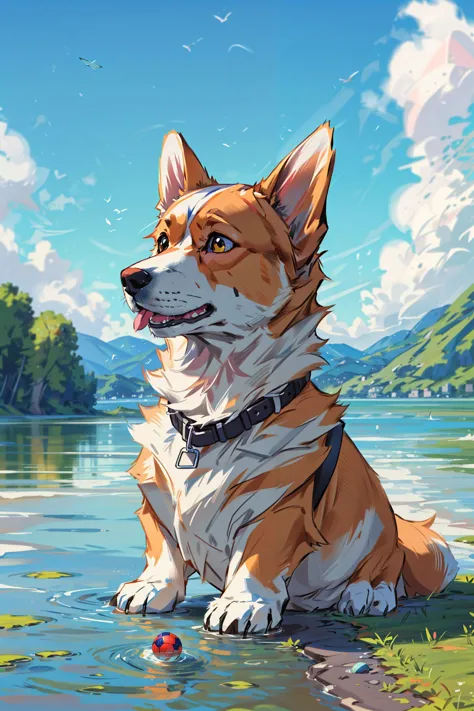 anime dog sitting in the water with a ball in its mouth