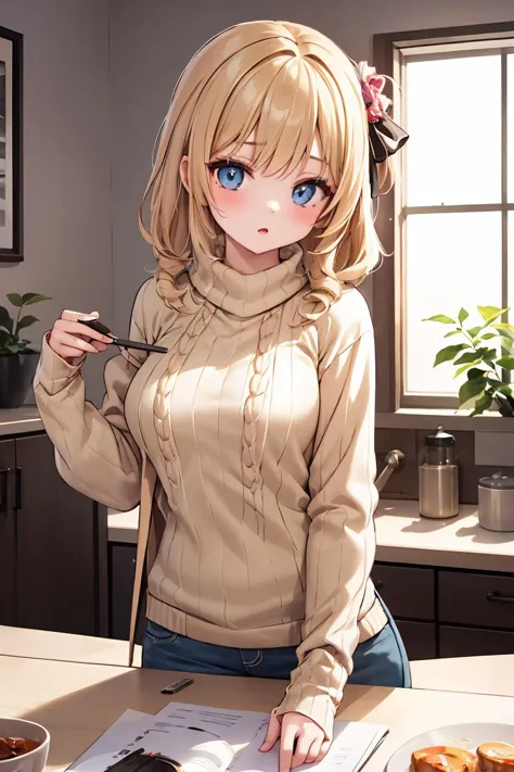 anime girl with blue eyes standing in a kitchen with a plate of food