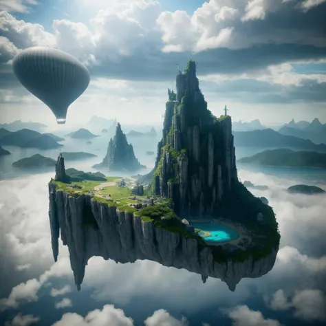 Many islands are suspended in the air with many small airships flying around, cities, fantasy, magical plants growing, extreme details, realistic light, epic composition, (complex details), (complex design, ultra-details :1.2), Art Station, (Masterpiece, Best Quality), Ultra HD, 32k