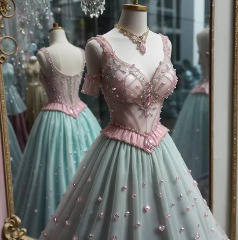 a close up of a dress on a mannequin in a store window