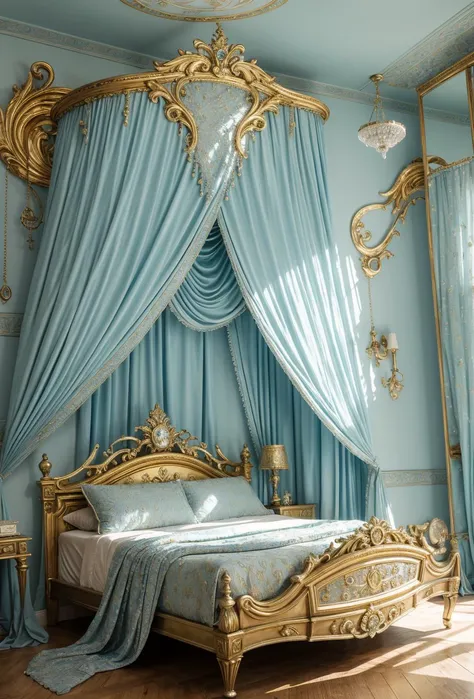 bedroom  gold, diamond, details, detailed scene, blue magical light,  masterpiece, 3D, sculptural, textured, vibrant, fun, distressed, vintage, edgy, textured vibe, dirty, noisy, ornate Art Nouveau