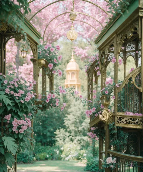 gazebo garden gold, diamond, sun, details, detailed scene,pink ornate gold magical light,  masterpiece, 3D, sculptural, textured, vibrant, fun, distressed, vintage, edgy, textured vibe, dirty, noisy, ornate Art Nouveau