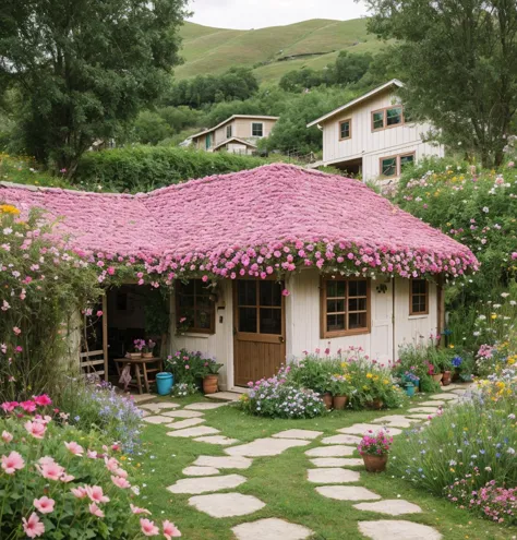 there is a small house with a pink roof and a garden