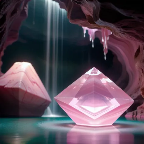 (masterpiece, best quality, detailed:1.5), (pink theme:1.2), focus on large (gemstone:1.3), under waterfall in dark cavern, backlighting, depth of field