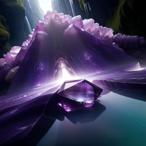 (masterpiece, best quality, detailed:1.5), (purple theme:1.2), extreme close up of (gemstone:1.3), under waterfall in dark cavern, backlighting