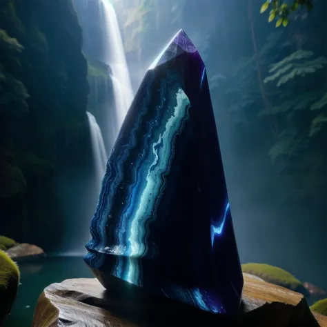 (masterpiece, best quality, detailed:1.5), (indigo theme:1.2), focus on large (gemstone:1.3), under waterfall in dark cavern, backlighting, depth of field