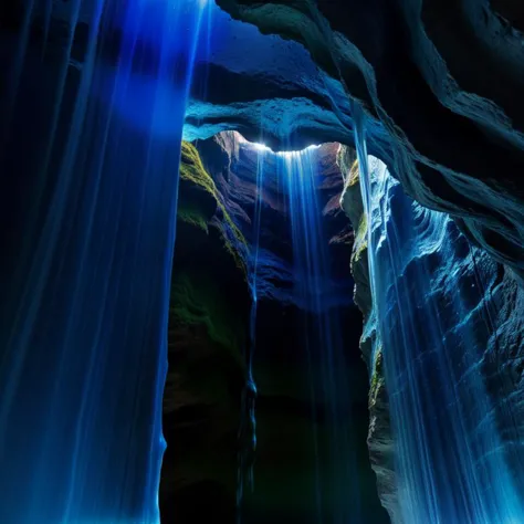 a close up of a waterfall in a cave with a light coming out