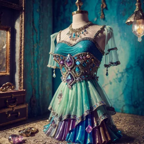 dress transparent, gem, details, detailed scene, magical items, highly detailed scene, masterpiece, 3D, sculptural, textured, handmade, vibrant, fun,  Textured, distressed, vintage, edgy, punk rock vibe, dirty, noisy