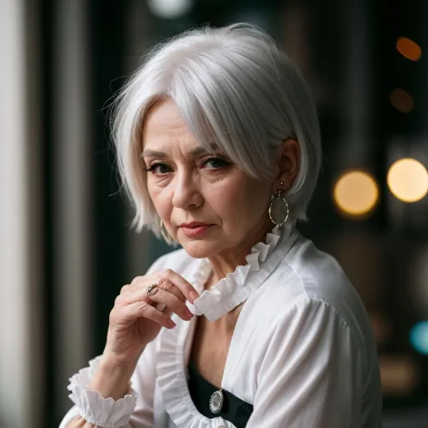 old woman hair white, 3d, blurry, blurry background, blurry foreground, bokeh, chromatic aberration, cosplay photo, depth of field, earrings, eyelashes, focused, frills, jewelry, lips, looking at viewer, motion blur, photo \(medium\), photorealistic, realistic, short hair, solo, solo focus, upper body, white hair