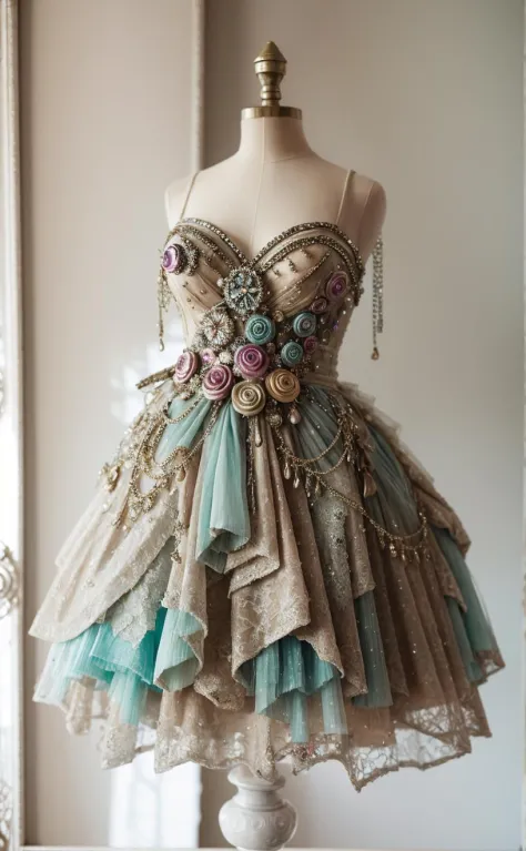 dress transparent, gem, details, detailed scene, magical items, highly detailed scene, masterpiece, 3D, sculptural, textured, handmade, vibrant, fun,  Textured, distressed, vintage, edgy, punk rock vibe, dirty, noisy