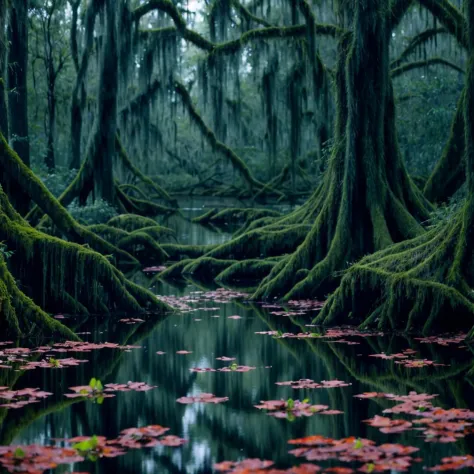 A bayou with moss-draped trees, silent except for the chorus of frogs and crickets.