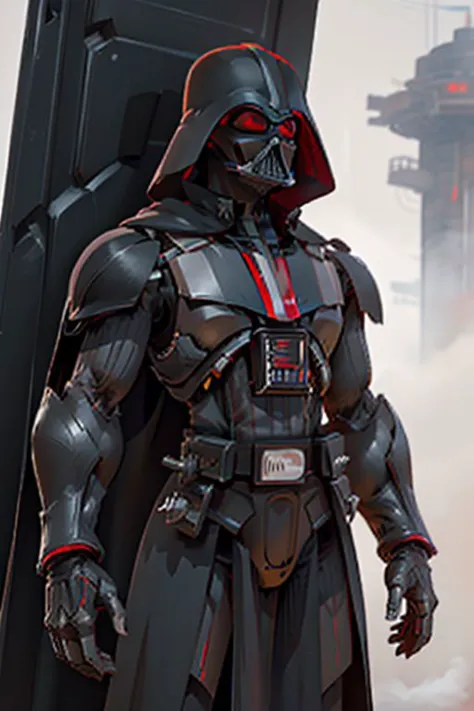 a close up of a darth vader standing in front of a building