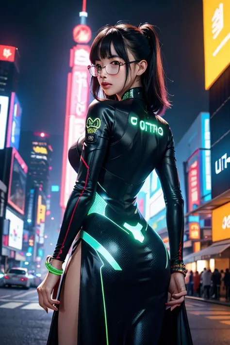 a woman in a black and green outfit standing on a city street