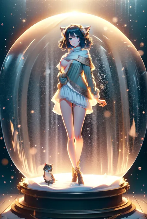 a woman in a dress standing inside of a glass ball