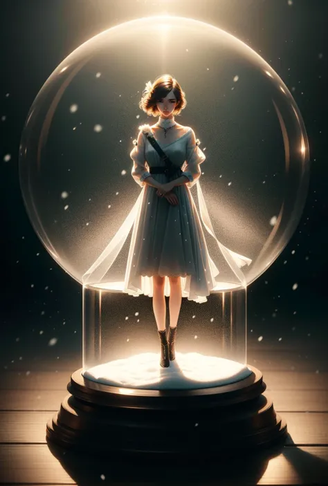 a woman in a dress standing inside a glass ball