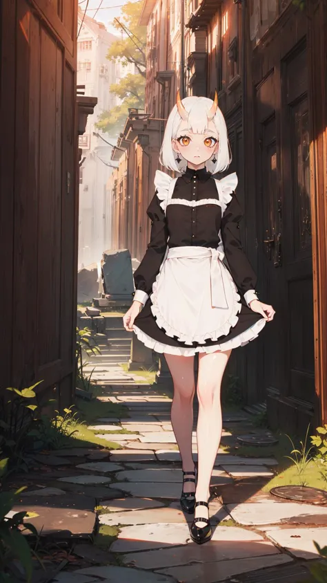 anime girl in a black and white dress walking down a narrow alleyway