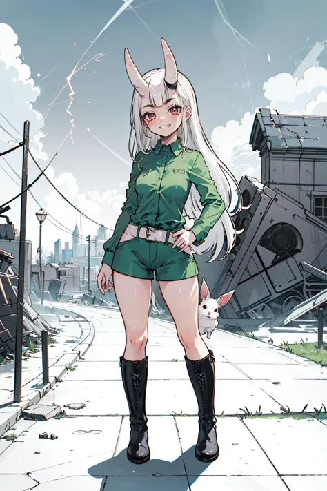 anime girl in green outfit standing on street with a dog