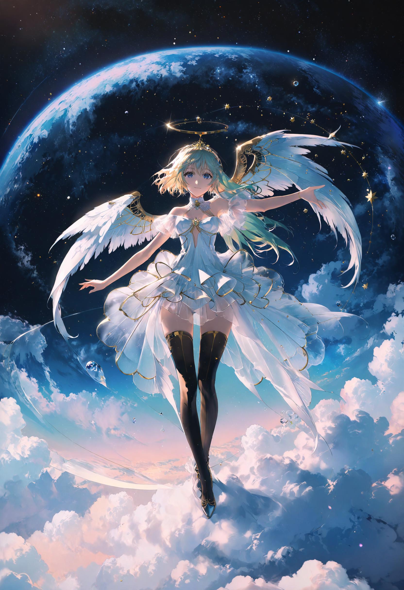 Anime angel girl flying in the sky with a cross above her - SeaArt AI