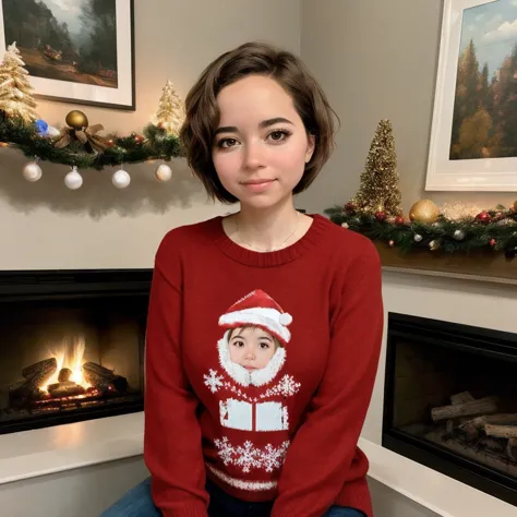 <lora:mayahiga_sd15_512_128_64_v1:1> mayahiga, 1girl brown short hair, wearing a christmas sweater, christmas decoration in background, lit fireplace in background