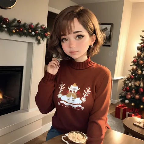 <lora:mayahiga_sd15_512_128_64_v1:1> mayahiga, 1girl brown short hair, wearing a christmas sweater, christmas decoration in background, lit fireplace in background