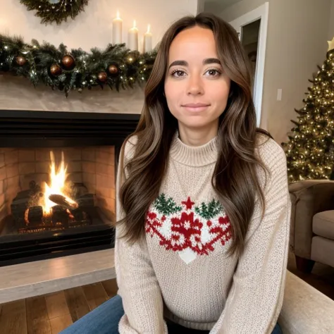 a woman sitting in front of a fireplace wearing a sweater with a heart