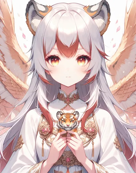 anime girl with white hair and white wings holding a tiger