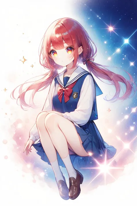 red hair,low twintails,concept art,floating air,glitter,lens flare,particle effect,holding legs,no gravity,school uniform,(no ground),(upper body,side view), blue background,looking at viewer