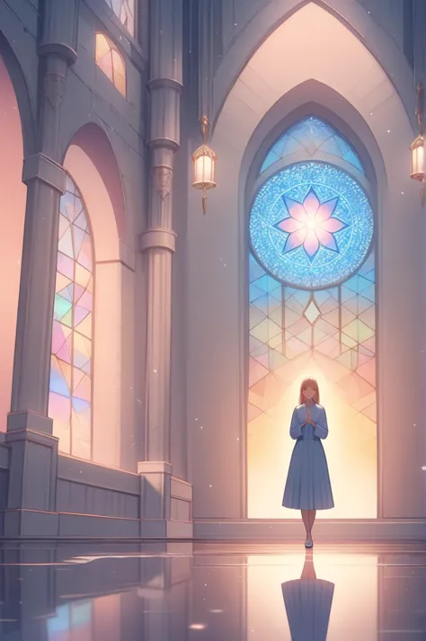 anime girl standing in front of a stained glass window in a church