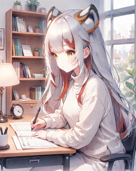 anime girl sitting at a desk writing in a book