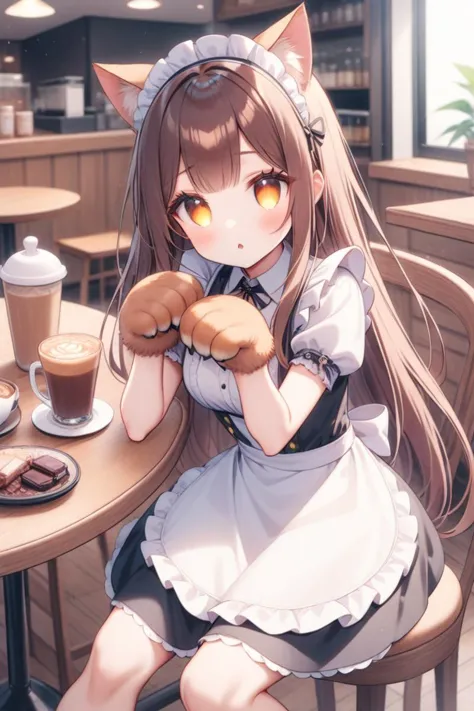 anime girl with cat ears sitting at a table with a cup of coffee