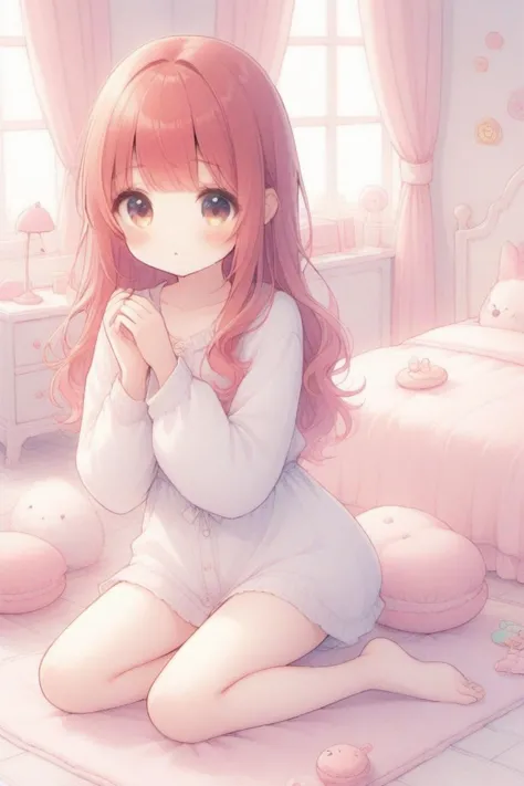 1girl,red hair,bedroom,kawaii