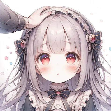 1girl,headpat,solo,long hair,dress,white background,hairband,simple background,frills,bangs,looking at viewer,blush,black dress,...