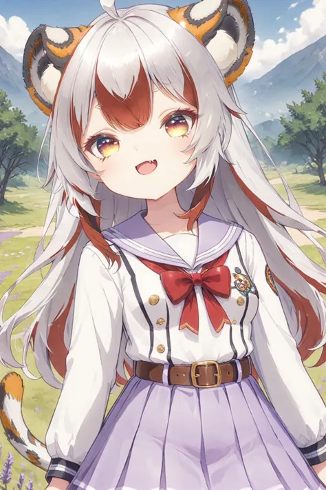 rating_safe,source_anime,detailed eyes,outdoors,grass,crouching,school uniform,lavender skirt,belt leggings,open mouth,fang,small breasts,smug,half closed eyes,smile,(looking away),
<lyco:jbxl16:0.8>,tiger ears,(White hair,red hair,multicolored hair),