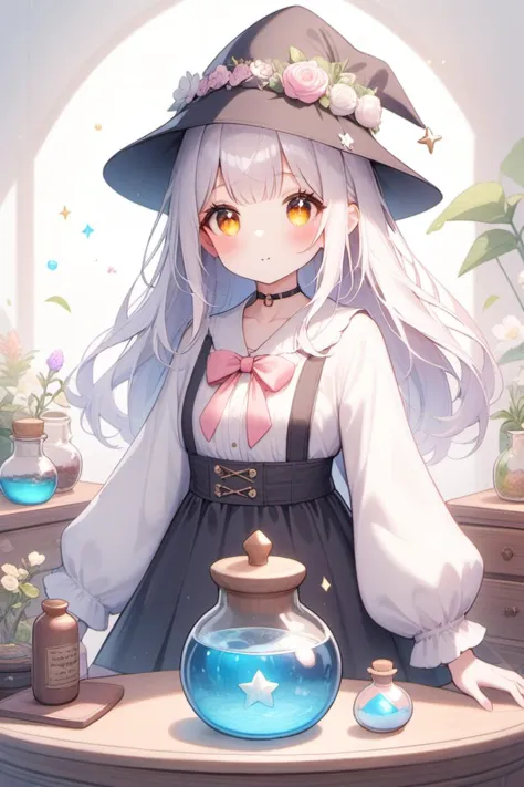 anime girl with a hat and a dress sitting at a table