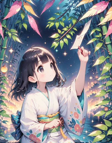 (masterpiece, best quality, high quality, highres, ultra-detailed), (Many colorful tanzaku:1.1), (Green Bamboo Leaves:1.3), black hair, black eyes
1 young woman, kimono-clad, gentle smile, writing wish on tanzaku (short poem paper), bamboo branch adorned with colorful streamers, starry night sky, serene atmosphere, Studio Ghibli style, soft pastel colors, delicate brushstrokes, sense of hope and dreams, perfect for a greeting card or a children's book illustration, high-resolution artwork, intricate details.
<lora:neg4all_bdsqlsz_xl_V91:1> <lora:å¥½åç±³-æ··åæ§å¶:1> <lora:sdxl_detail_B:0.3>