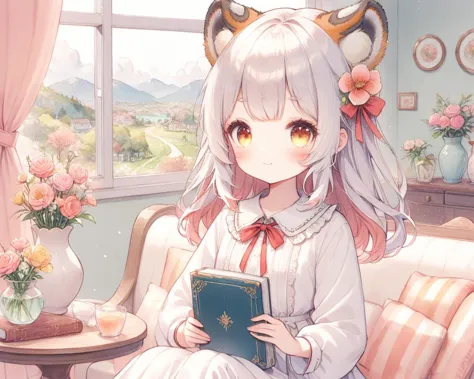 anime girl sitting on a couch reading a book with a cat head on her head