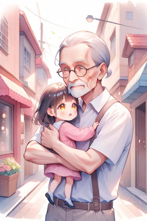 an older man holding a little girl in his arms