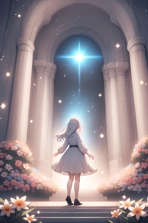 a woman standing in front of a star in the sky